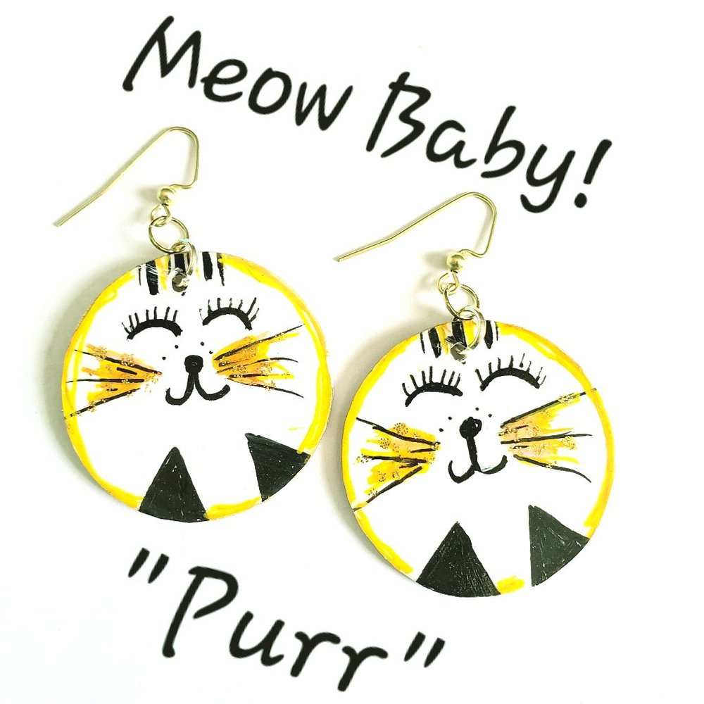 Large Dangle Hand Painted Cat Earrings